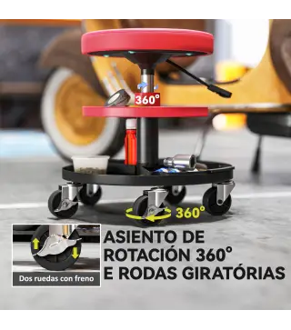 Taburete de Taller Giratorio con Ruedas Altura Ajustable de 40-51 cm y 2 Bandejas Carga 135 kg para Garaje Rojo
