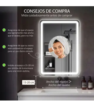 Espejo de Baño con Luces LED 70x100 cm 3 Colores de Luz Brillo Regulable Función Antivaho Función de Memoria IP44