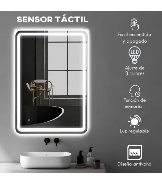 Espejo de Baño con Luces LED 70x100 cm 3 Colores de Luz Brillo Regulable Función Antivaho Función de Memoria IP44