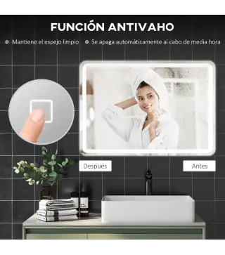 Espejo de Baño con Luces LED 70x100 cm 3 Colores de Luz Brillo Regulable Función Antivaho Función de Memoria IP44