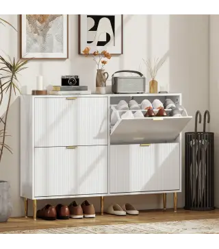 Zapatero Estrecho con 4 Puertas Acanaladas con Estantes Ajustables para 20 Pares de Zapatos 105x24x91,5 cm Blanco