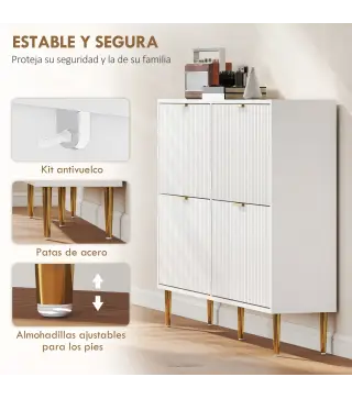 Zapatero Estrecho con 4 Puertas Acanaladas con Estantes Ajustables para 20 Pares de Zapatos 105x24x91,5 cm Blanco