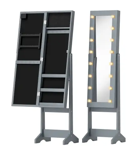 Espejo Joyero con Luces LED Armario para Joyas Armario Joyero de Pie con Espejo Entero Ángulo Ajustable Gris