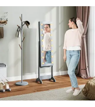 Espejo Joyero con Luces LED Armario para Joyas Armario Joyero de Pie con Espejo Entero Ángulo Ajustable Gris