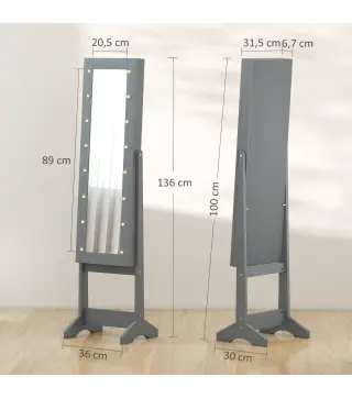 Espejo Joyero con Luces LED Armario para Joyas Armario Joyero de Pie con Espejo Entero Ángulo Ajustable Gris