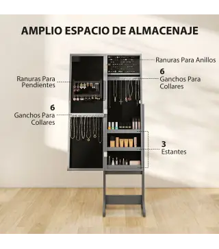 Espejo Joyero con Luces LED Armario para Joyas Armario Joyero de Pie con Espejo Entero Ángulo Ajustable Gris