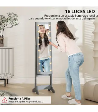 Espejo Joyero con Luces LED Armario para Joyas Armario Joyero de Pie con Espejo Entero Ángulo Ajustable Gris