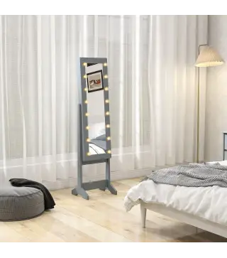 Espejo Joyero con Luces LED Armario para Joyas Armario Joyero de Pie con Espejo Entero Ángulo Ajustable Gris