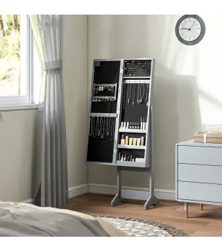 Espejo Joyero con Luces LED Armario para Joyas Armario Joyero de Pie con Espejo Entero Ángulo Ajustable Gris