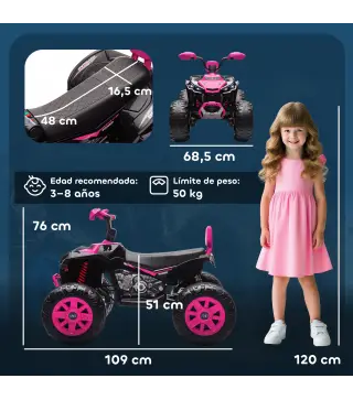 Quad Eléctrico para Niños de 3-8 Años 24V con 2 Motores Velocidad hasta 6,5 km/h Ruedas con Suspensión Rosa