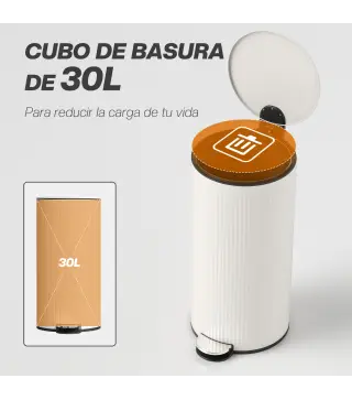 Cubo de Basura Cocina 30L con Pedal Tapa de Cierre Suave y Cubo Extraíble para Dormitorio Oficina Estudio Salón Crema
