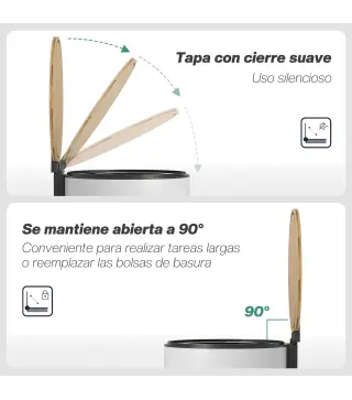 Cubo de Basura Cocina 30L con Pedal Tapa de Bambú de Cierre Suave y Cubo Extraíble para Dormitorio Oficina Salón Blanco