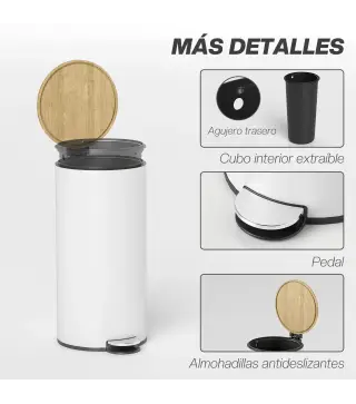 Cubo de Basura Cocina 30L con Pedal Tapa de Bambú de Cierre Suave y Cubo Extraíble para Dormitorio Oficina Salón Blanco