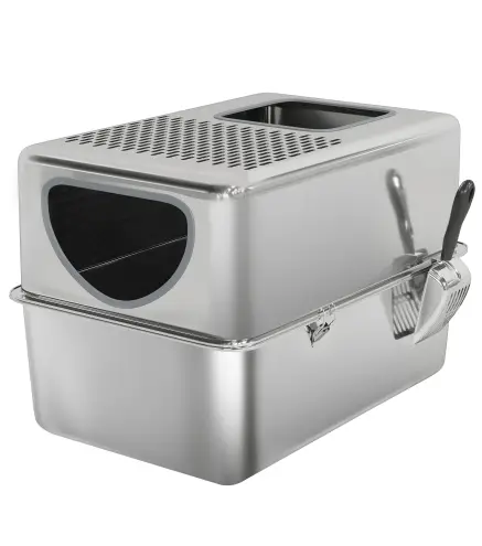 Arenero para Gatos de Acero Inoxidable XL Arenero con Pala Aberturas Dobles Fácil de limpiar Plata