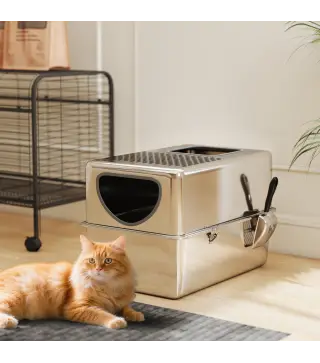 Arenero para Gatos de Acero Inoxidable XL Arenero con Pala Aberturas Dobles Fácil de limpiar Plata