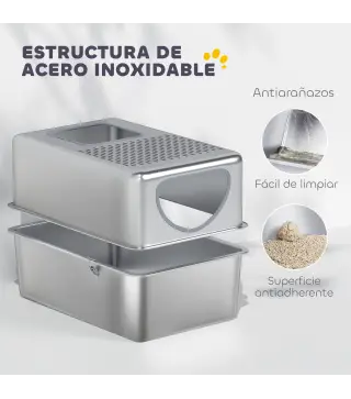 Arenero para Gatos de Acero Inoxidable XL Arenero con Pala Aberturas Dobles Fácil de limpiar Plata