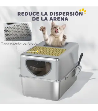 Arenero para Gatos de Acero Inoxidable XL Arenero con Pala Aberturas Dobles Fácil de limpiar Plata