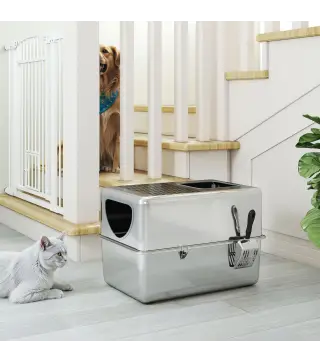 Arenero para Gatos de Acero Inoxidable XL Arenero con Pala Aberturas Dobles Fácil de limpiar Plata