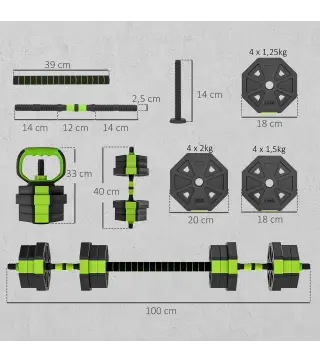 Juego de Mancuernas Ajustables 20 kg 6 en 1 como Kettlebell Barra Mancuernas Soporte para Flexiones para Gimnasio Casa