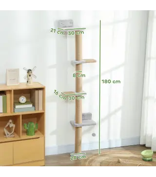 Árbol para Gatos de Pared de 5 Niveles Rascador para Gatos Estrecho con Bola y Rascadores 48x21x180 cm Gris Claro