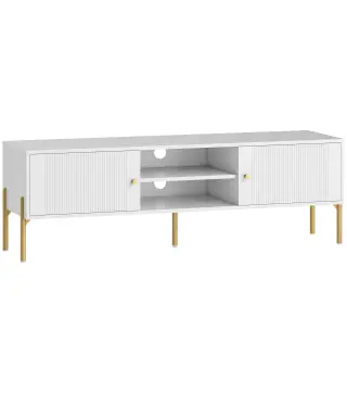 Mueble de TV Moderno con 2 Puertas 2 Estantes Abiertos Orificios Pasacables para TV 65 Pulgadas 140x38x45,9 cm Blanco