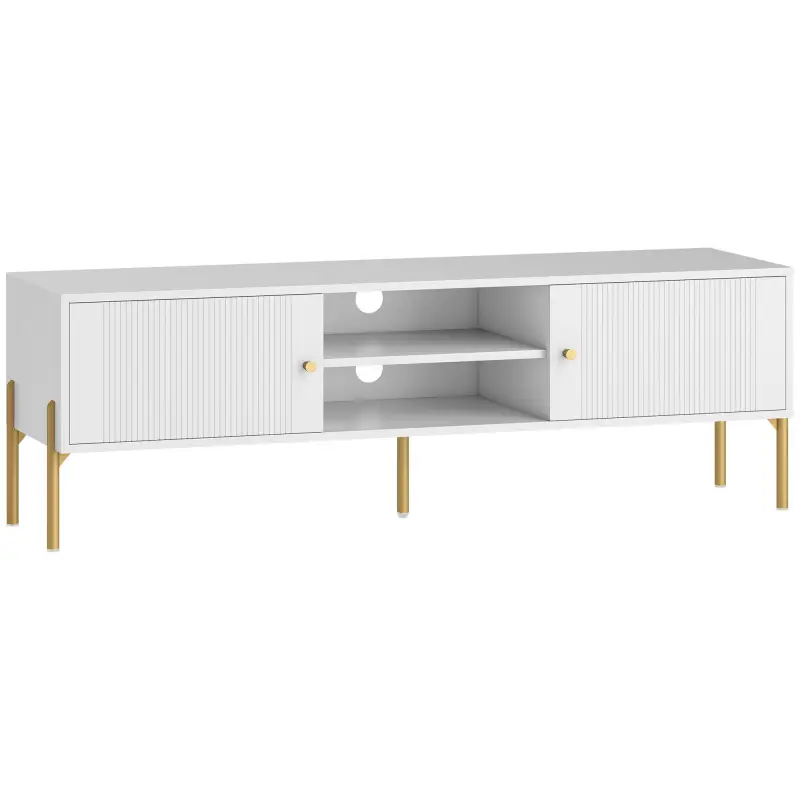 Mueble de TV Moderno con 2 Puertas 2 Estantes Abiertos Orificios Pasacables para TV 65 Pulgadas 140x38x45,9 cm Blanco