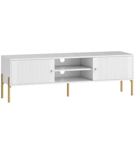 Mueble de TV Moderno con 2 Puertas 2 Estantes Abiertos Orificios Pasacables para TV 65 Pulgadas 140x38x45,9 cm Blanco