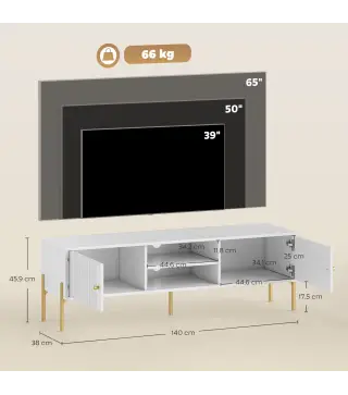 Mueble de TV Moderno con 2 Puertas 2 Estantes Abiertos Orificios Pasacables para TV 65 Pulgadas 140x38x45,9 cm Blanco