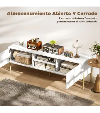 Mueble de TV Moderno con 2 Puertas 2 Estantes Abiertos Orificios Pasacables para TV 65 Pulgadas 140x38x45,9 cm Blanco