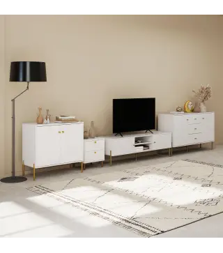 Mueble de TV Moderno con 2 Puertas 2 Estantes Abiertos Orificios Pasacables para TV 65 Pulgadas 140x38x45,9 cm Blanco