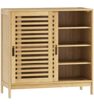 Zapatero con 2 Puertas Correderas de Lamas Estantes Ajustables para 16 Pares de Zapatos 80x35x80 cm Natural