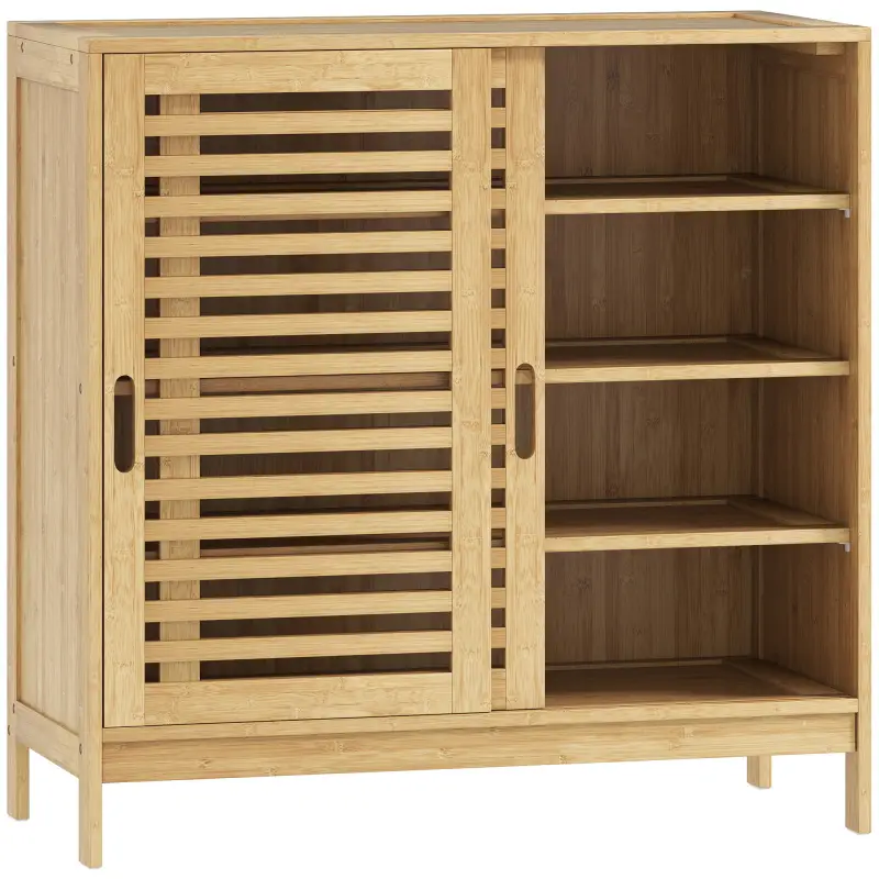 Zapatero con 2 Puertas Correderas de Lamas Estantes Ajustables para 16 Pares de Zapatos 80x35x80 cm Natural