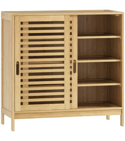 Zapatero con 2 Puertas Correderas de Lamas Estantes Ajustables para 16 Pares de Zapatos 80x35x80 cm Natural