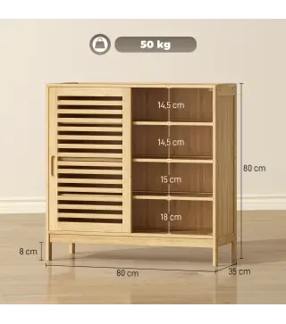 Zapatero con 2 Puertas Correderas de Lamas Estantes Ajustables para 16 Pares de Zapatos 80x35x80 cm Natural