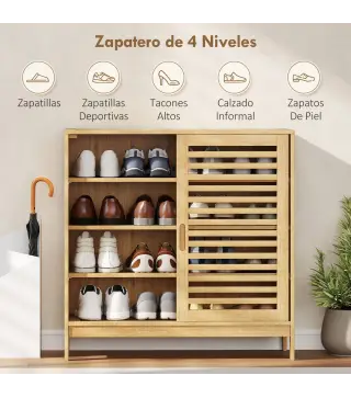 Zapatero con 2 Puertas Correderas de Lamas Estantes Ajustables para 16 Pares de Zapatos 80x35x80 cm Natural