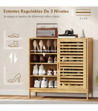 Zapatero con 2 Puertas Correderas de Lamas Estantes Ajustables para 16 Pares de Zapatos 80x35x80 cm Natural