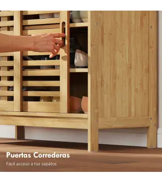 Zapatero con 2 Puertas Correderas de Lamas Estantes Ajustables para 16 Pares de Zapatos 80x35x80 cm Natural