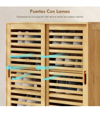 Zapatero con 2 Puertas Correderas de Lamas Estantes Ajustables para 16 Pares de Zapatos 80x35x80 cm Natural