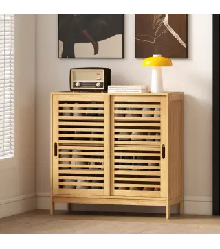 Zapatero con 2 Puertas Correderas de Lamas Estantes Ajustables para 16 Pares de Zapatos 80x35x80 cm Natural