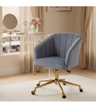 Silla de Oficina con Ruedas de Terciopelo con Respaldo Acolchado Altura Ajustable Espuma Alta Resiliencia Gris