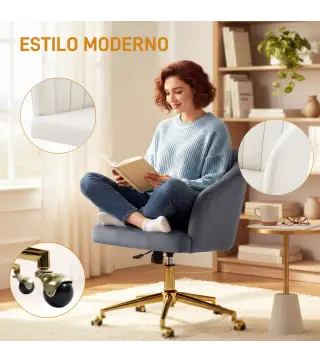 Silla de Oficina con Ruedas de Terciopelo con Respaldo Acolchado Altura Ajustable Espuma Alta Resiliencia Gris