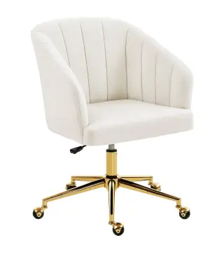 Silla de Oficina con Ruedas de Terciopelo con Respaldo Acolchado Altura Ajustable Espuma Alta Resiliencia Crema