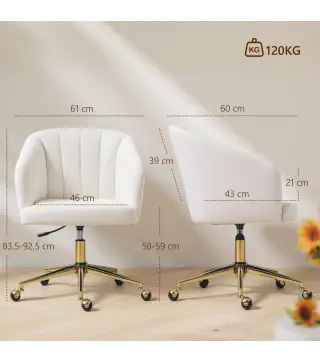 Silla de Oficina con Ruedas de Terciopelo con Respaldo Acolchado Altura Ajustable Espuma Alta Resiliencia Crema
