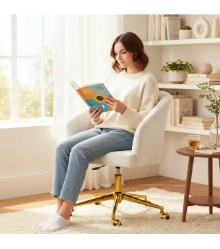 Silla de Oficina con Ruedas de Terciopelo con Respaldo Acolchado Altura Ajustable Espuma Alta Resiliencia Crema