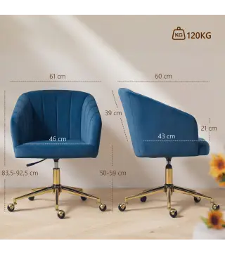 Silla de Oficina con Ruedas de Terciopelo con Respaldo Acolchado Altura Ajustable Espuma Alta Resiliencia Azul