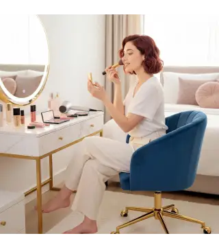 Silla de Oficina con Ruedas de Terciopelo con Respaldo Acolchado Altura Ajustable Espuma Alta Resiliencia Azul