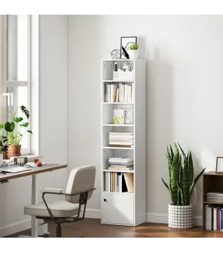 Librería de 7 Niveles Estantería para Libros Moderna con Estantes Abiertos y Puerta 40x30x180 cm Blanco