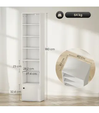 Librería de 7 Niveles Estantería para Libros Moderna con Estantes Abiertos y Puerta 40x30x180 cm Blanco