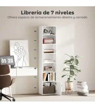 Librería de 7 Niveles Estantería para Libros Moderna con Estantes Abiertos y Puerta 40x30x180 cm Blanco