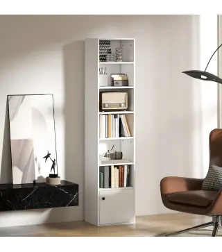 Librería de 7 Niveles Estantería para Libros Moderna con Estantes Abiertos y Puerta 40x30x180 cm Blanco